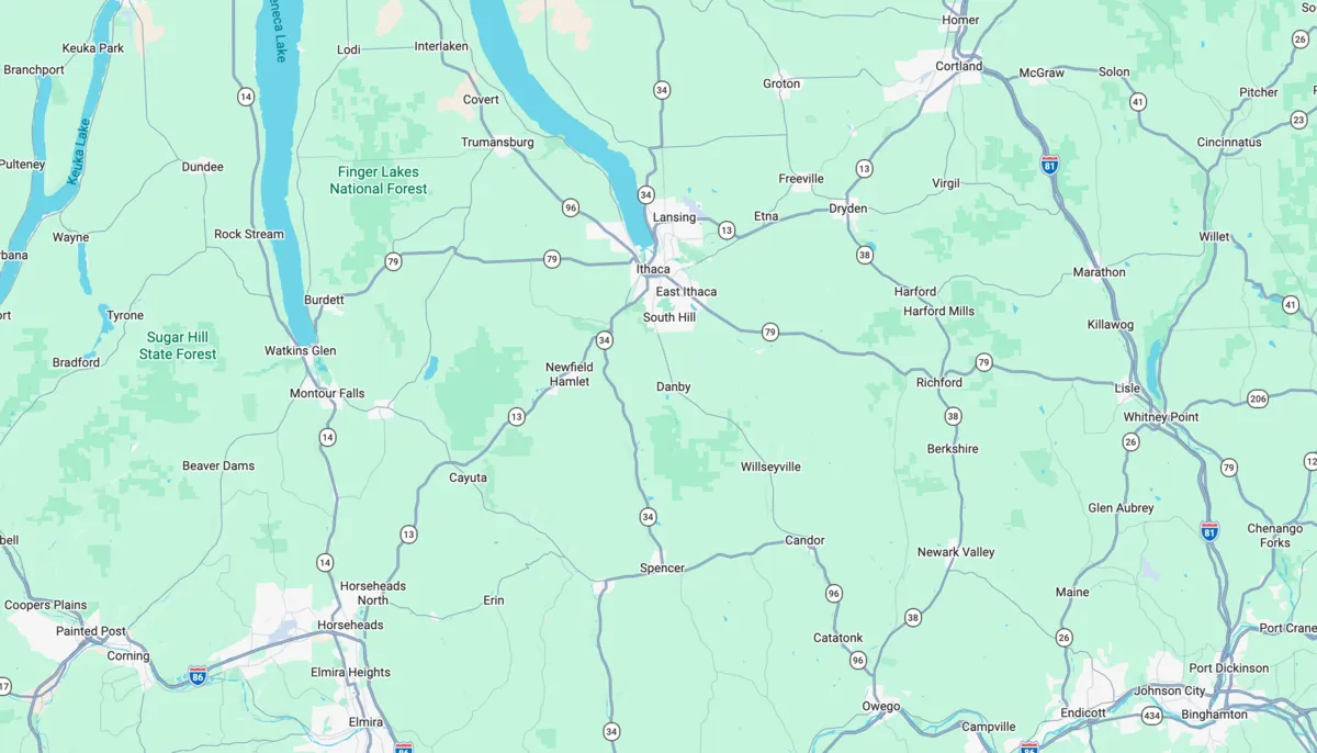 Pleasant Valley Electric service area map covering Ithaca, Cortland, Watkins Glen, Corning, and surrounding areas